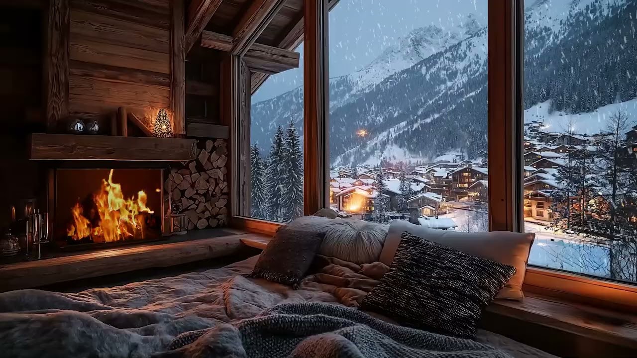 Tranquil Wooden Cabin in the Snow with Fireplace Crackles and Wind Sounds for Deep Relaxation