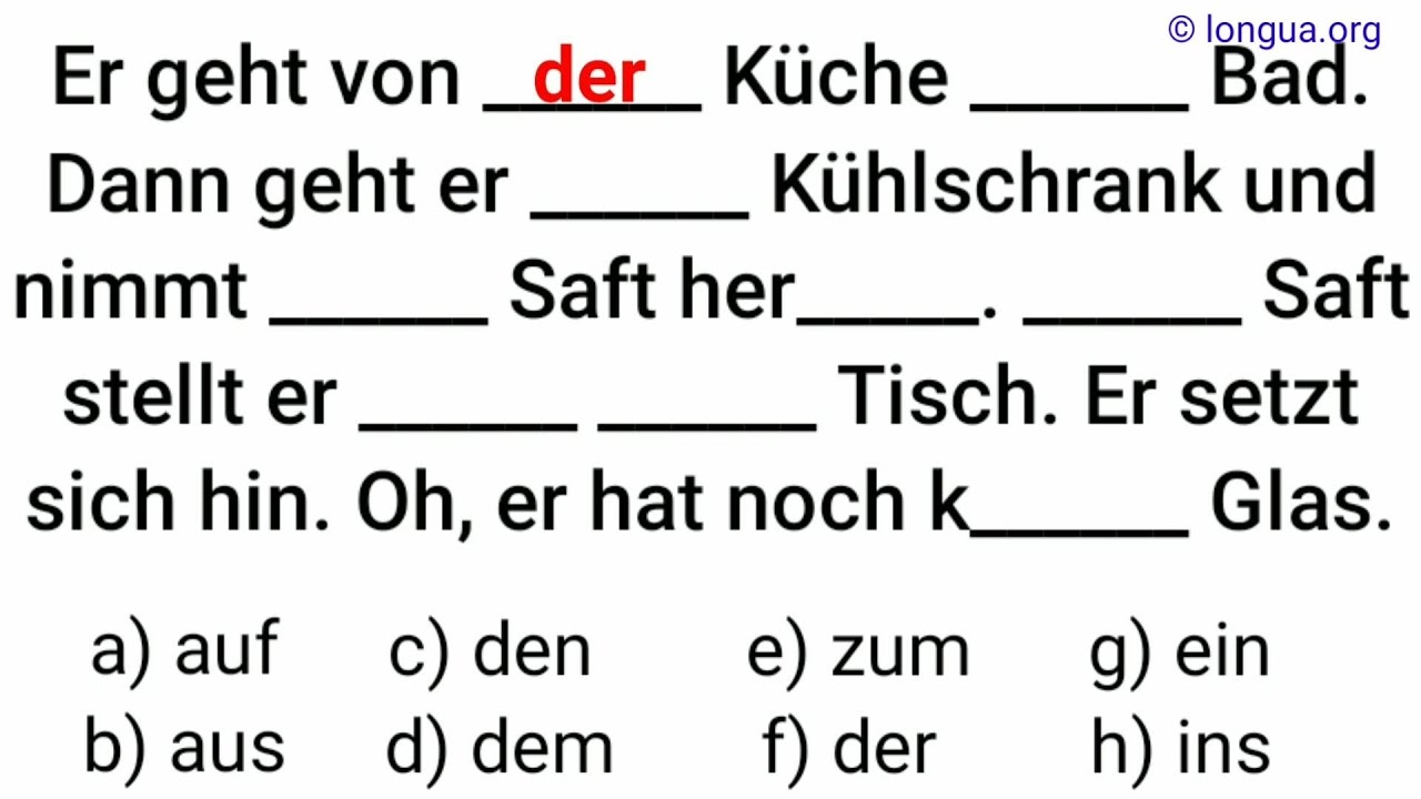 in der Küche, in der Schule, zur Verfügung, zum Arzt, in die Wohnung, nach Hause, kein Geld, über di