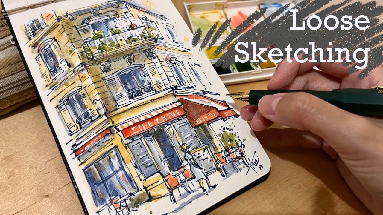 [RealTime]Loose ink and watercolor cafe sketch lTips for freehand sketching with a pen