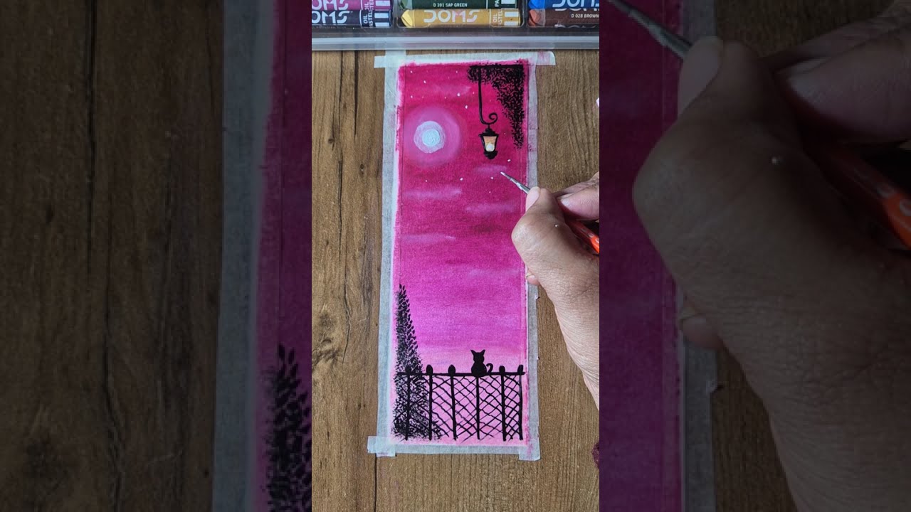 Easy Cat 🐈 Moonlight Painting- Oil Pastel Art- Beautiful Sunset Balcony Scenery | 