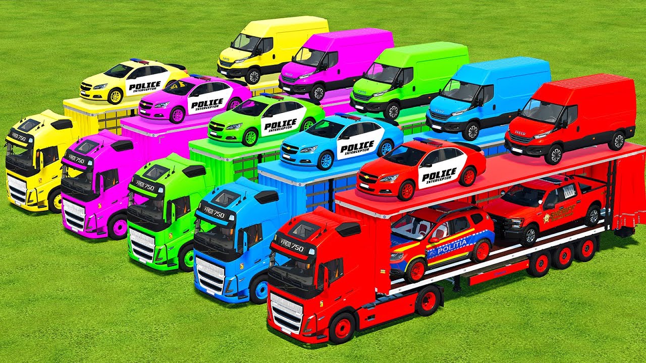 TRANSPORTING IVECO DAILY, DACIA POLICE, CHEVROLET & FORD PICKUP WITH VOLVO TRUCKS - FS22