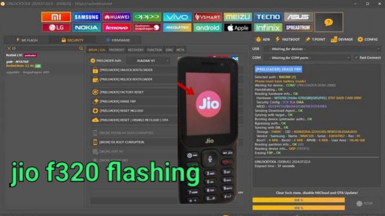 Jio phone f320b flashing unlock tool | flashing error solution | jio logo hang