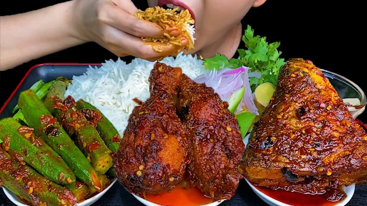 FRIED CHICKEN LEG CURRY, SPICY LADY FINGER CURRY, FRIED FISH HEAD CURRY