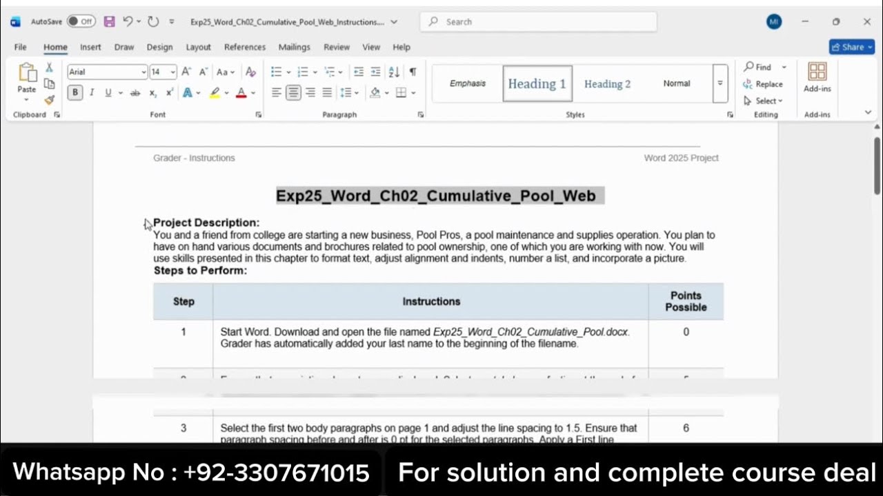 Exp25 Word Chapter 2 Cumulative – Pool Web | Pearson MyLab Word Grader (100%)