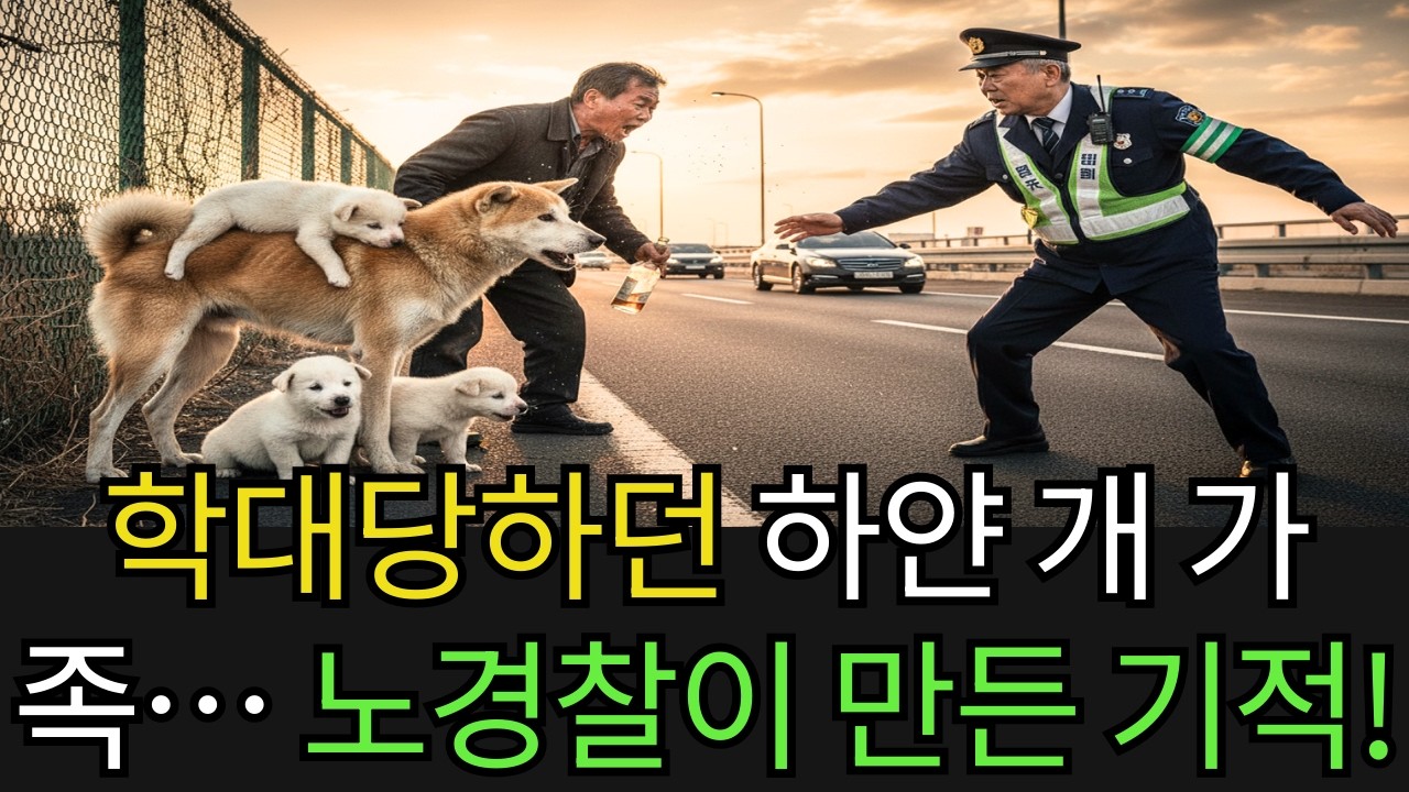 고속도로 옆에서 술 취한 남자에게 학대받던 어미 하얀 개와 새끼들… 노경찰이 다가온 순간, 기적 같은 일이 벌어졌다!