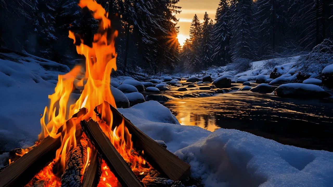 A Quiet Snowy Morning by the River 🔥 Relaxing Campfire & Forest Sounds | 4K