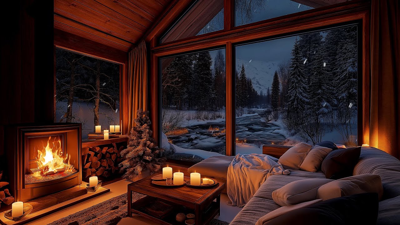 Goodbye Insomnia Miracle Winter Cabin Fireplace and Snowy River Ambience for Deep Sleep and Rest