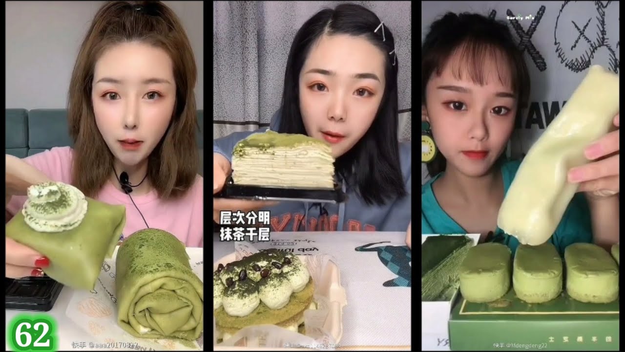 ASMR 🌿 All GREEN Dessert Mukbang | Crepe Cream Cake Mochi Chiffon Cake Mousse Cake