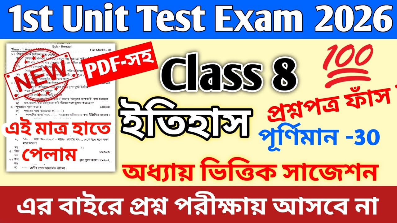 Class 8 history | class 8 history 1st unit test question paper 2026 | class 8 history 1st unit test