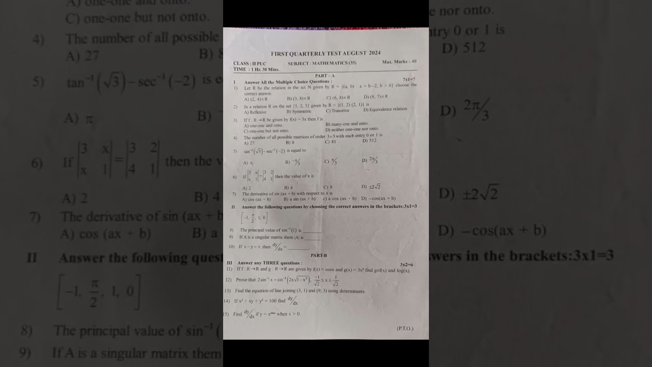 2nd puc maths first quarterly test question paper.. # Subscribe for more question papers and imp q's