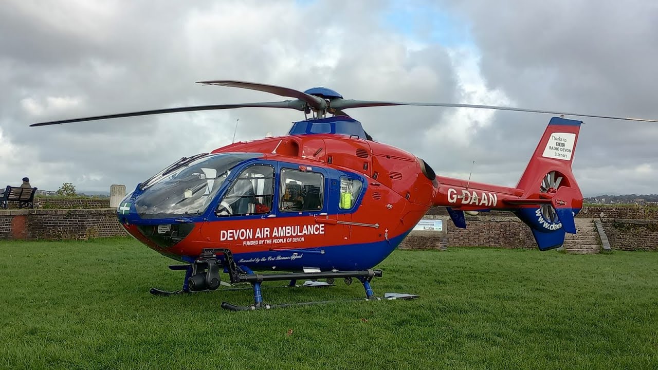 Devon Air Ambulance H135 G-DAAN takeoff from Plymouth