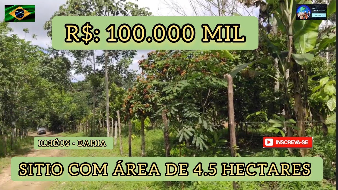 PROPRIEDADE VENDIDA :Sítio a venda com área de 4.5 Hectares,R$: 100.000 MIL, ILHÉUS - BAHIA.