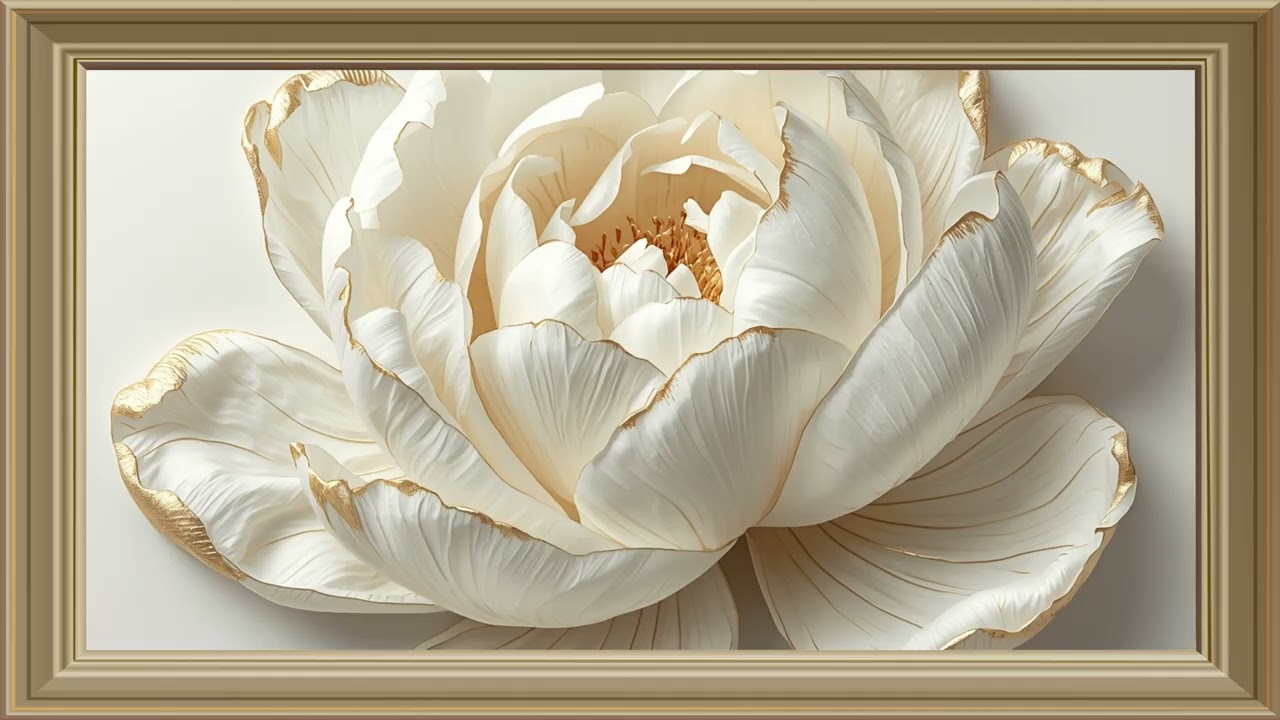 Luxurious 3D peony flower painting pure white peta | Gold Frame TV | Art Screensaver for TV