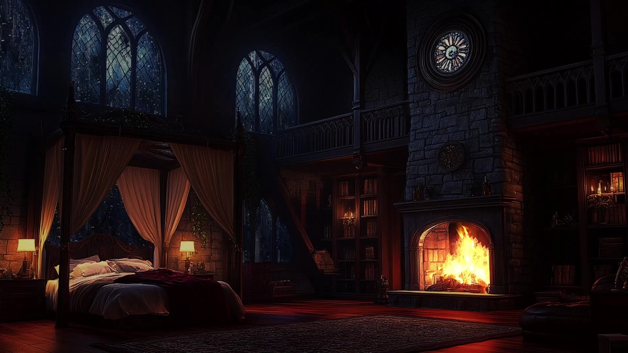 🌩️🏰 Heavy Rain Sounds in a Majestic Castle Bedroom | Rain on Glass & Fireplace | Deep Sleep & Relax