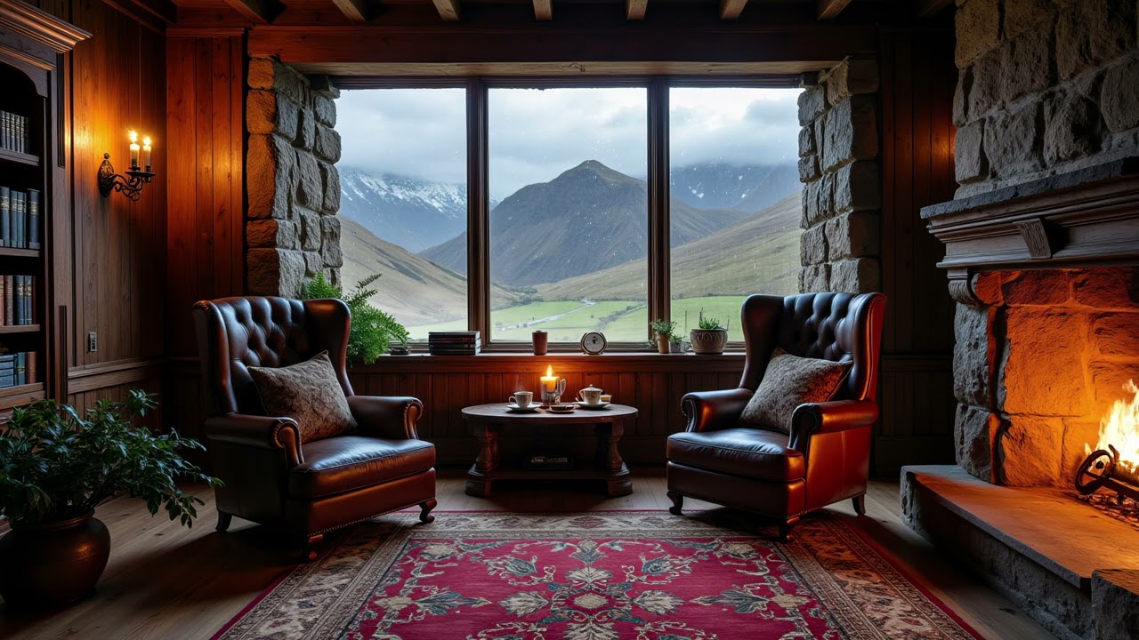 Ambience – Scottish Library Fireplace, Rain, Highland Stream & Relaxing Weather