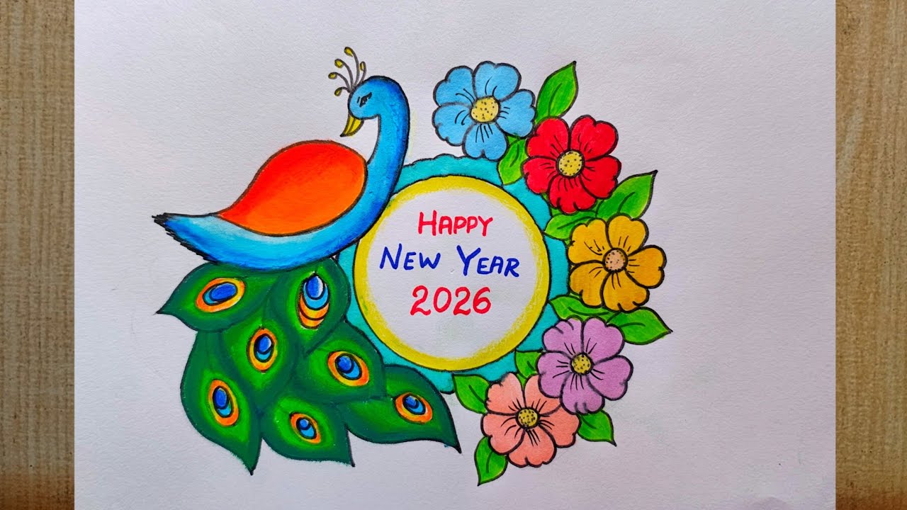 Happy New Year 2026 drawing| Beautiful 😍 New year Card drawing| New Year Special Peacock drawing 