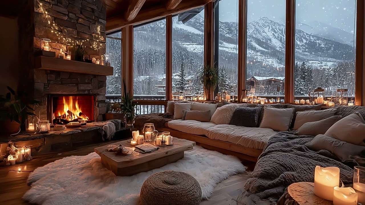 Serene Winter Night with Crackling Fireplace and Piano Ambience for Deep Sleep and Focus Relaxation
