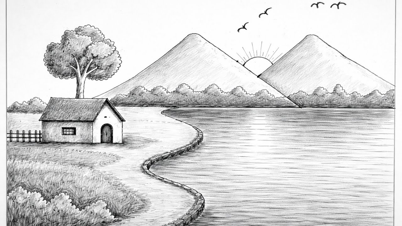 How to draw scenery with pencil step by step|esay scenery drawing| village scenery drawing tutorial 