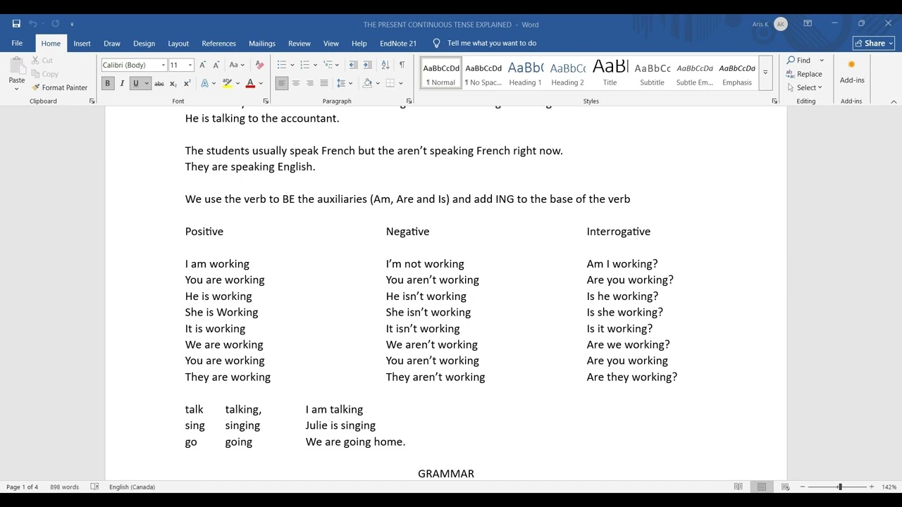 Present Continuous Tense explained - Positive, Negative, Interrogative sentences, grammar-exercises