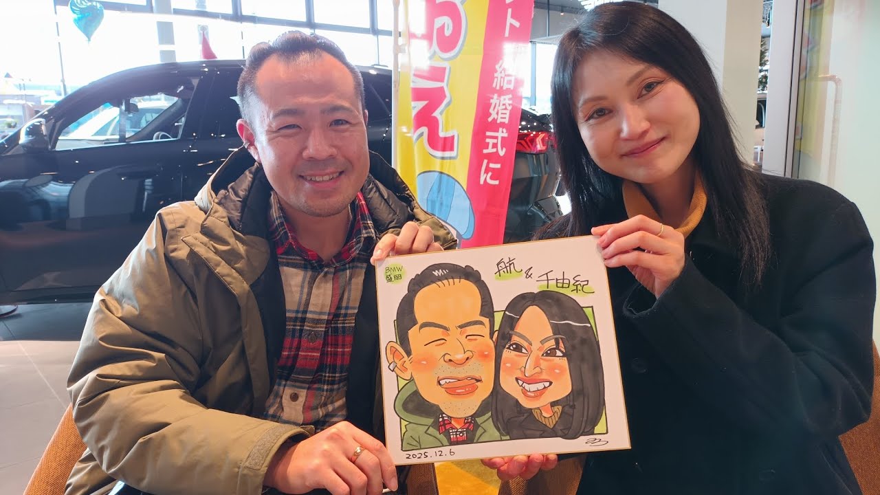 【似顔絵メイキング】ご夫婦の似顔絵 in BMW盛岡店｜2025.12.6