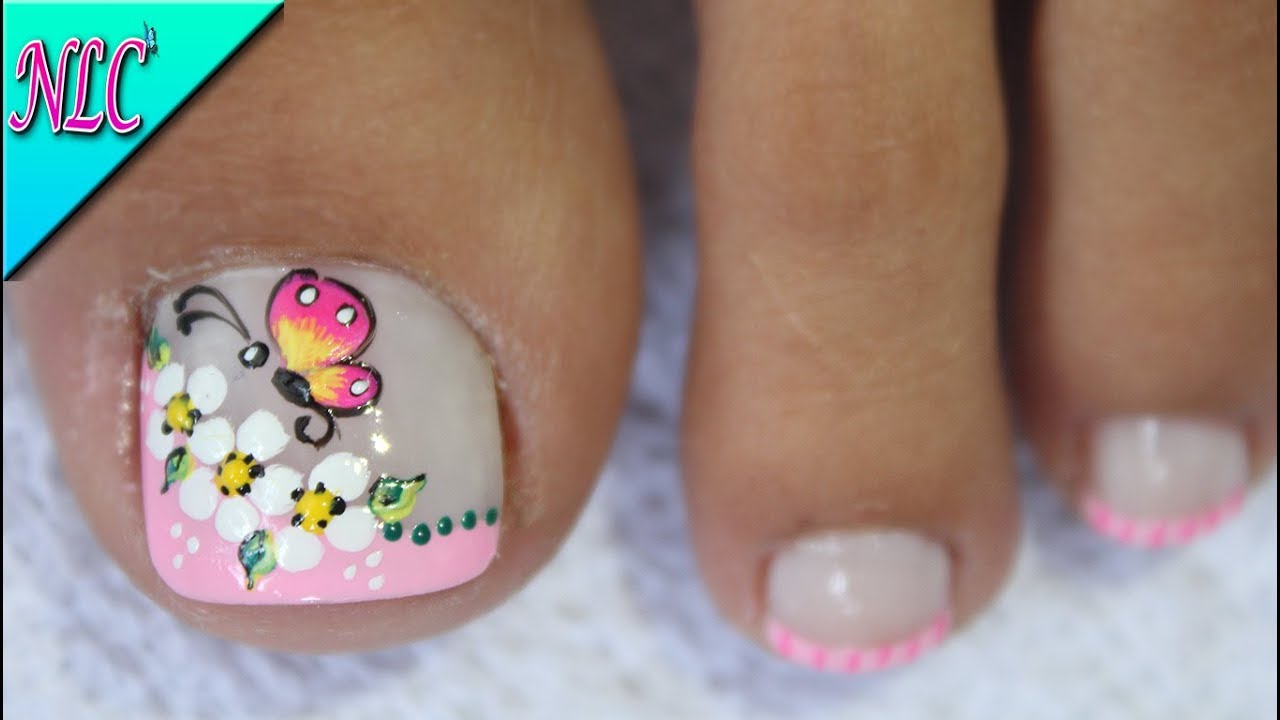 DISEÑO DE UÑAS PARA PIES FLORES Y MARIPOSA SENCILLA - FLOWERS NAIL ART - NLC