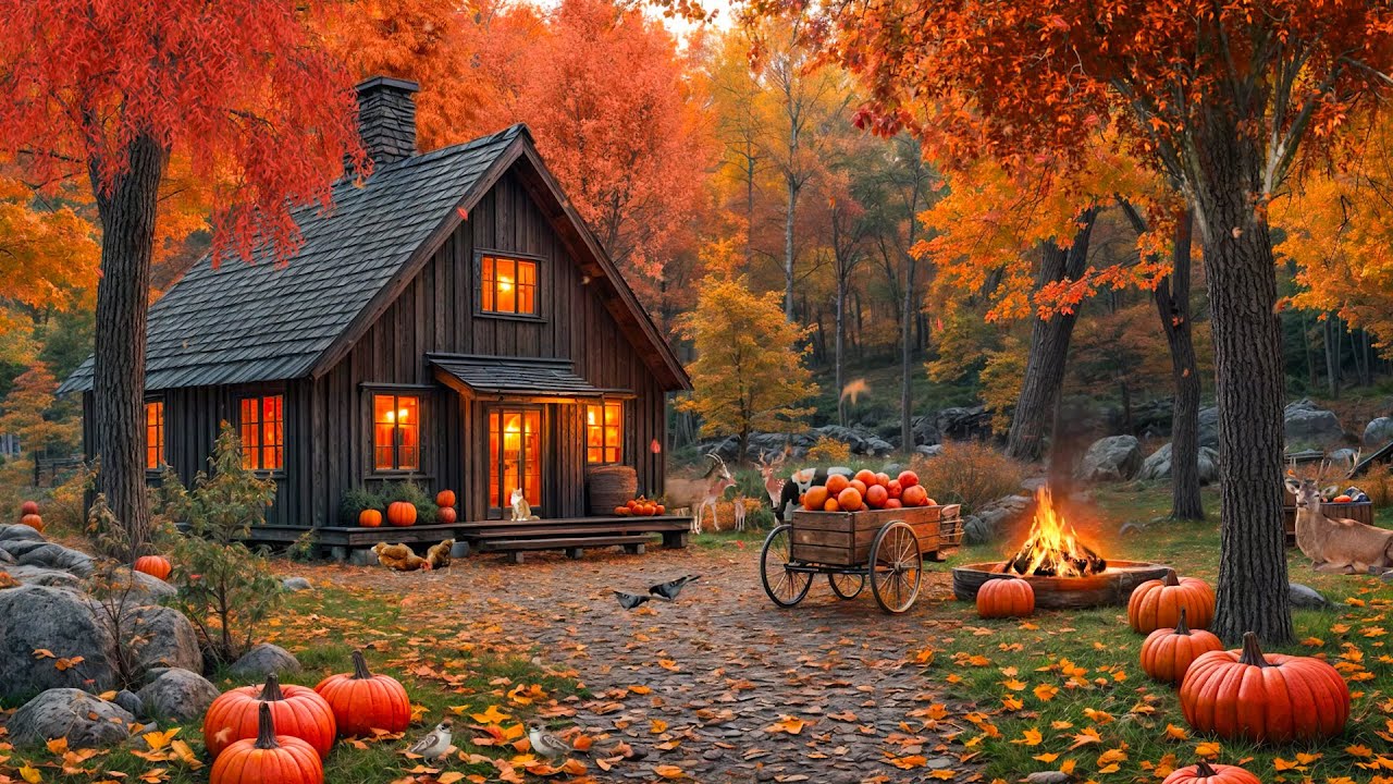 🎃🍂Enchanted Autumn Cabin in the Woods🦌Crackling Fire, Glowing Pumpkins & Rustling Leaves for Sleep🍁🔥