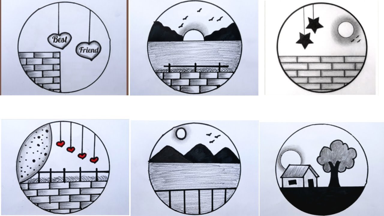 Easy 6 Circle Scenery Drawing Ideas / Pencil Drawing / Circle Drawing Scenery / Nature Landscape