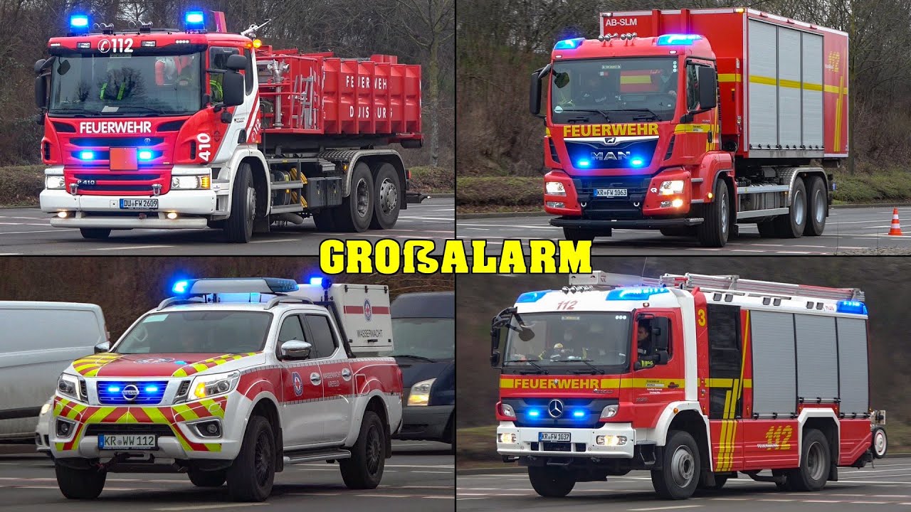 [GROßBRAND in KREFELD] - Einsatzfahrten der FEUERWEHR + WASSERRETTUNG, Polizei & RD!
