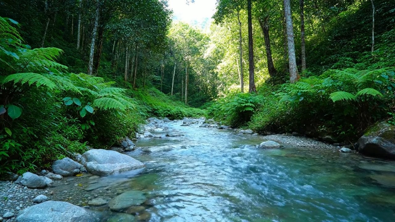 Relaxing Forest – Beautiful Enchanted Water River Sound in Jungle Stream – Unwind