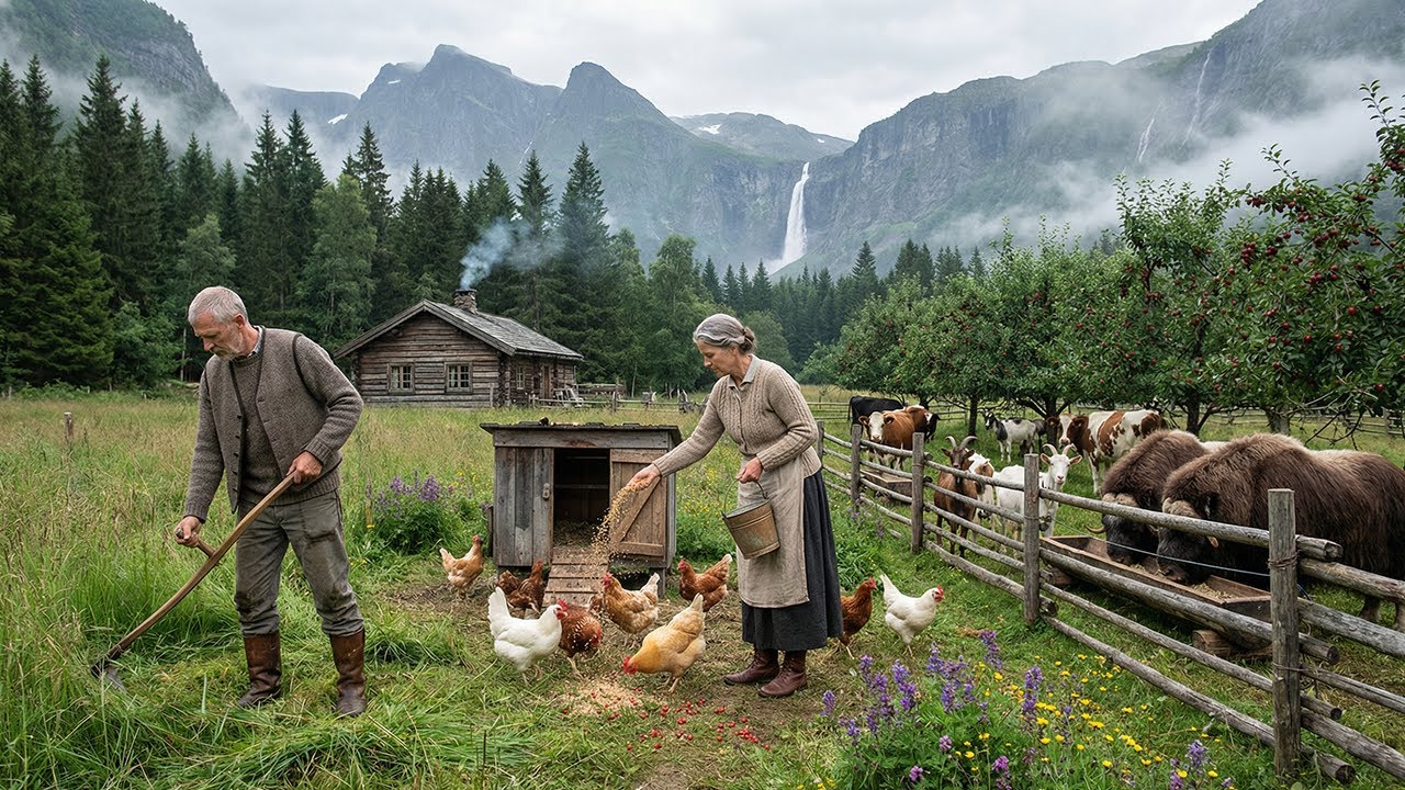 Bountiful Fruit & Vegetable Harvest in the Fields, Harvesting chicken eggs and cutting grass.