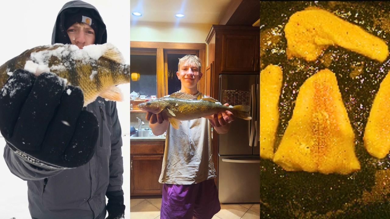 Late Ice Snowstorm Walleye and Perch Fishing + Fish Sandwich Recipe (CATCH CLEAN COOK)