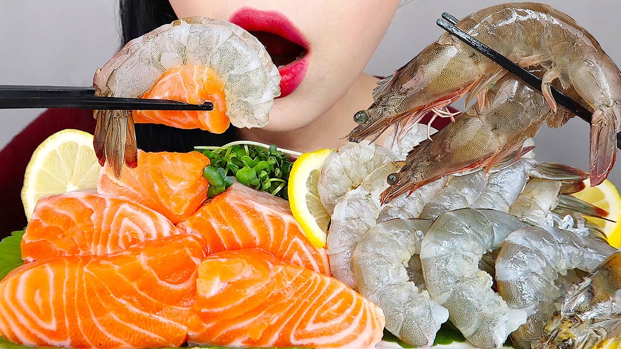 ASMR RAW SALMON, SHRIMP HWEH MUKBANG 새우회 연어회 먹방 NO TALKING EATING SOUNDS