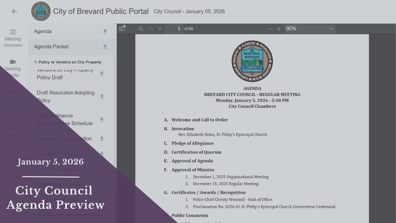Предварительный обзор повестки дня городского совета Бреварда от 5 января