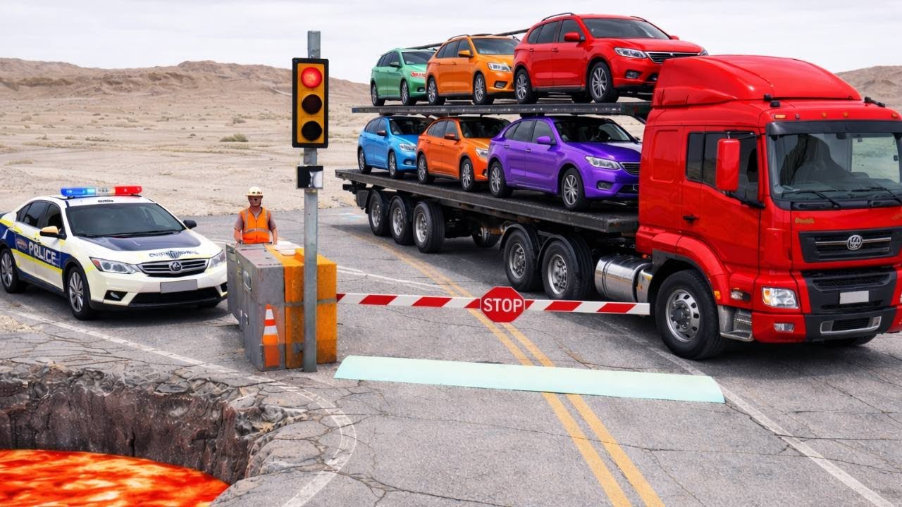 Double Flatbed Trailer Truck vs Speedbumps Train vs Cars | Tractor vs Train Beamng.Drive #3
