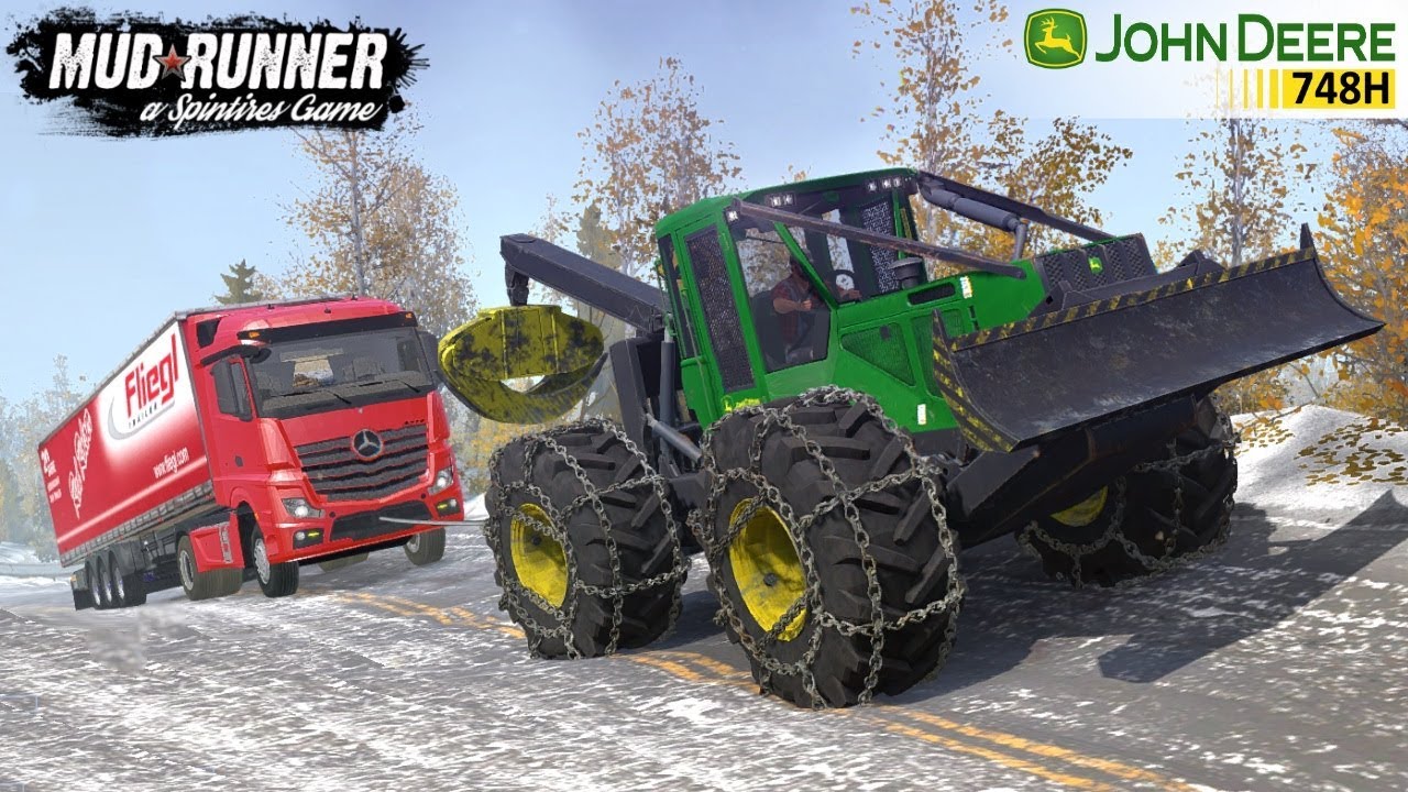 Spintires: MudRunner - JOHN DEERE 748H SKIDDER Towing a Semi Truck Stuck on Ice