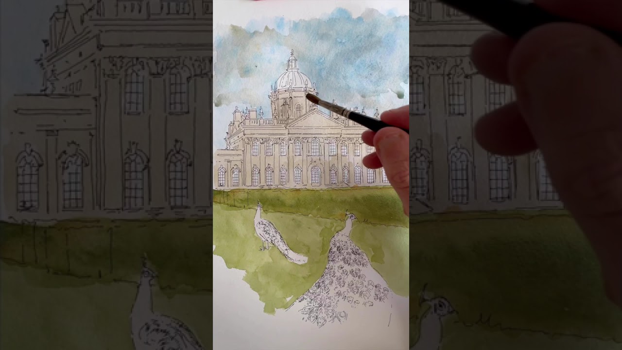 watercolour of charming Bridgerton castle with peacocks!