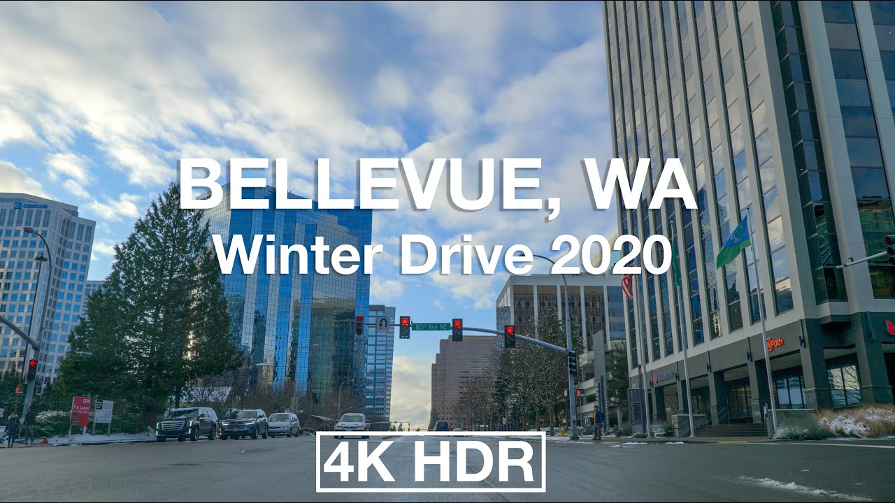 Driving Downtown - Bellevue 4K UHD HDR - Seattle USA - Snowy Sunset January 2020