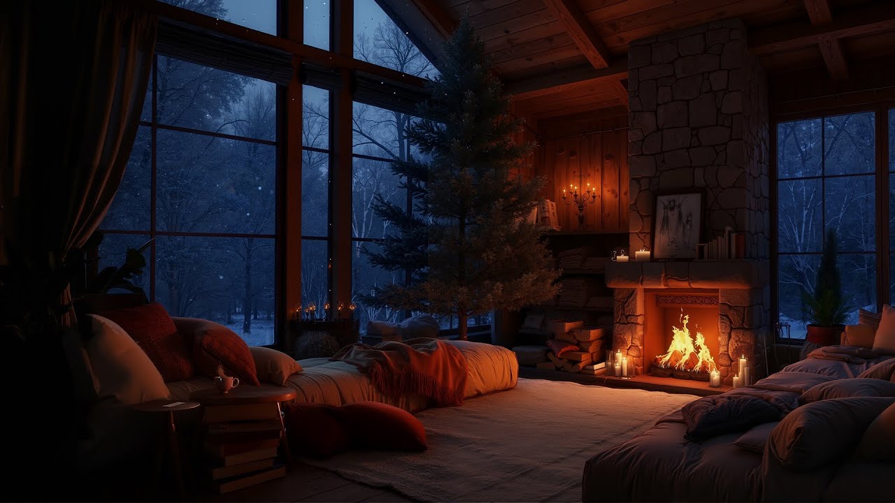 Cozy Winter Cabin Ambience ⛄ Gentle Snowfall, Soft Jazz & Crackling Fireplace for Study and Sleep