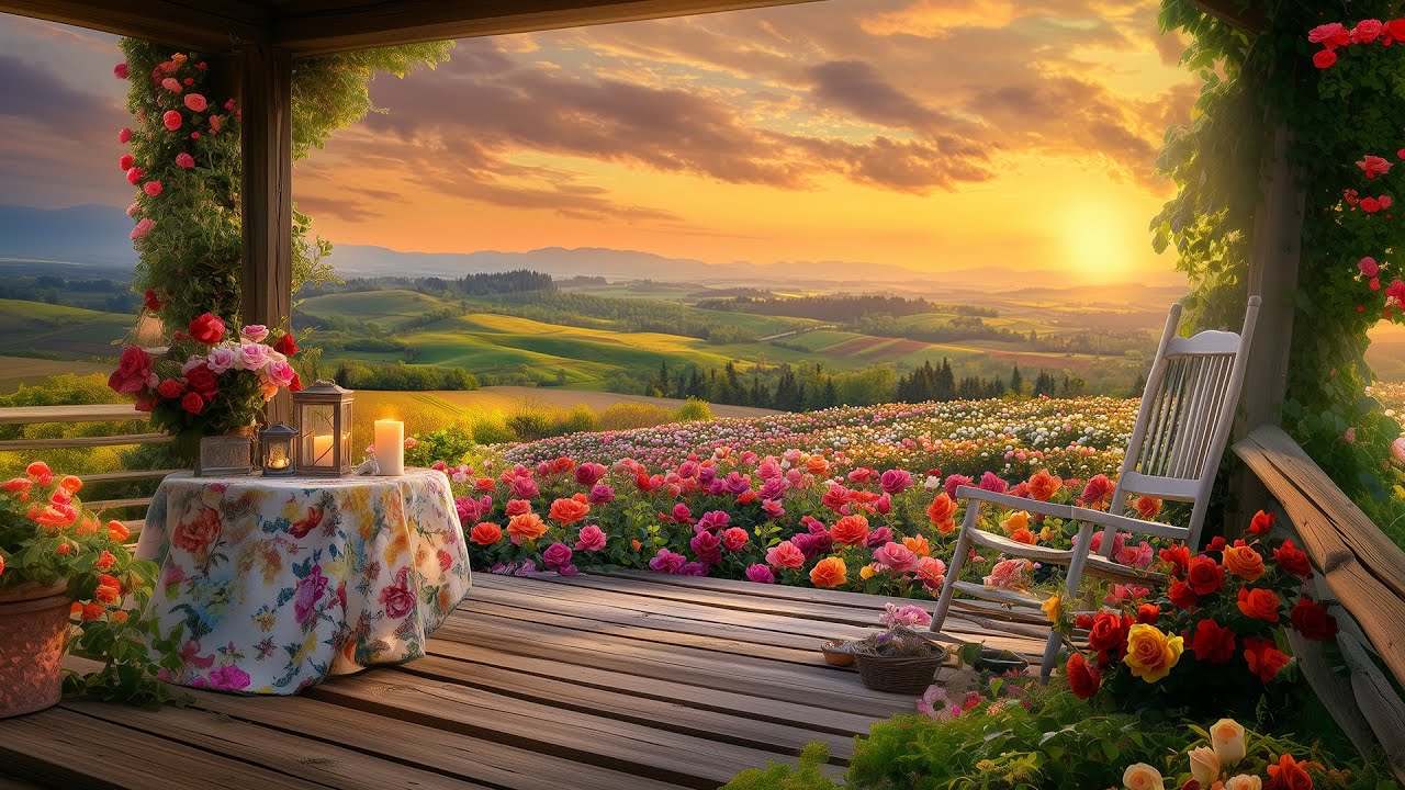 Sunset Rose Garden Porch Ambience 🌹 Unleash Eternal Serenity, Wind Chimes Birdsong and Soft Breeze