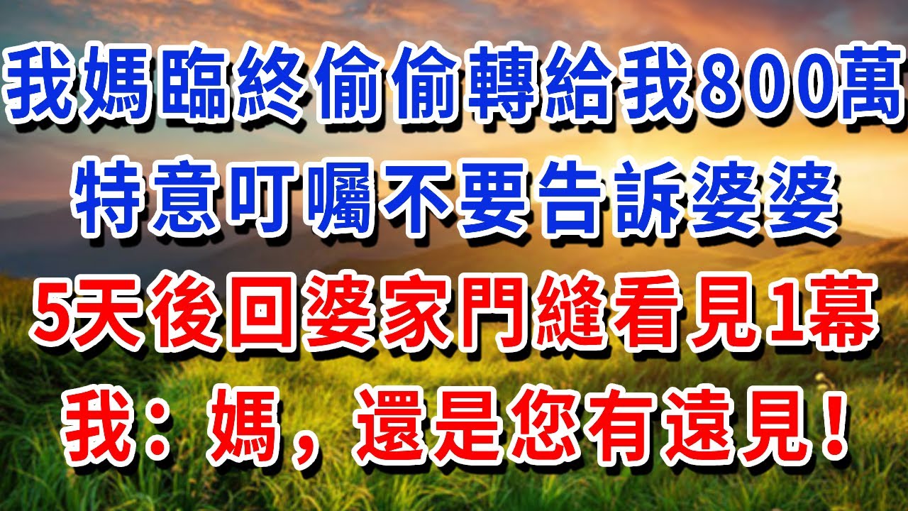 我媽臨終偷偷轉給我800萬，特意叮囑不要告訴婆婆，我疑惑 5天後婆家門縫看見一幕，我：媽，還是您有遠見！#書婷講故事 #為人處世#生活經驗#情感故事#晚年哲理#說故事#完結文