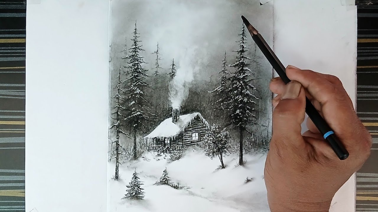 Snowy nature view landscape drawing by pencil with easy ways.