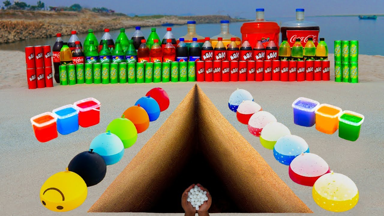 EXPERIMENT: Big Eruption from Triangle pit, Giant Fanta, Mtn Dew, Sprite, Pepsi, Coca Cola vs Mentos