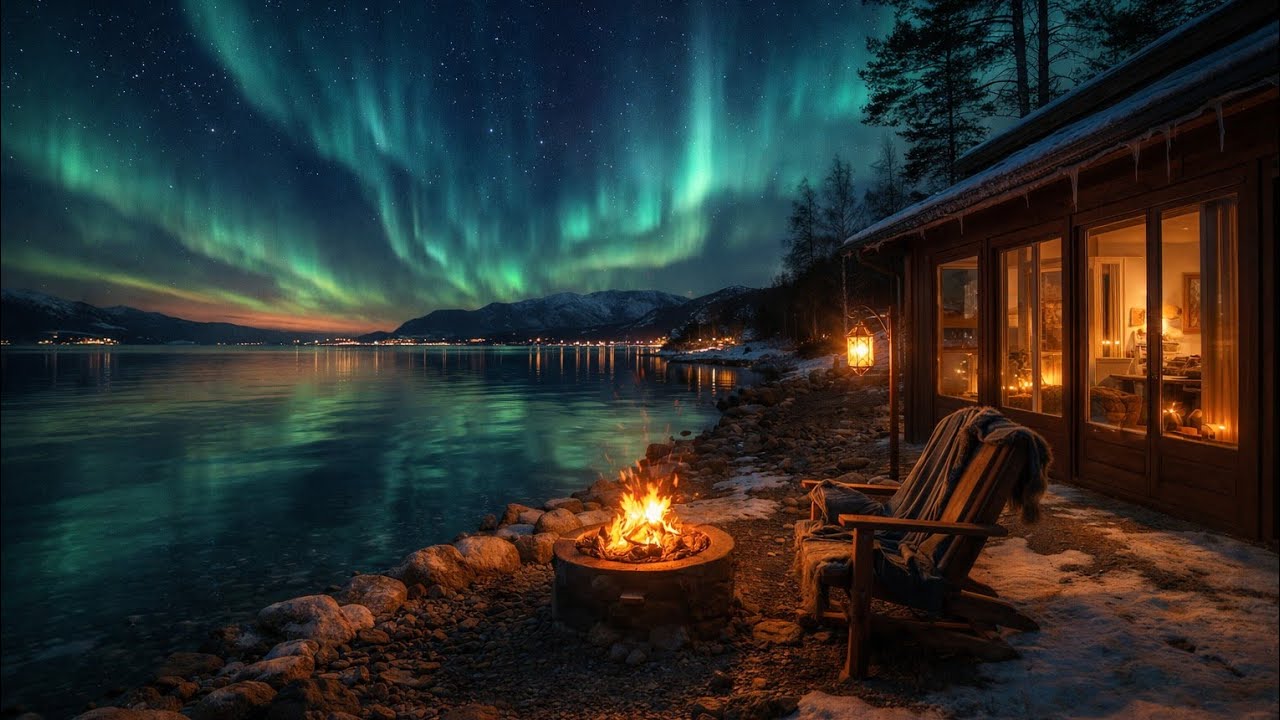 Northern Lights by the Lake with Campfire 🔥🌌 | Gentle Water Sounds | Sleep & Relaxation