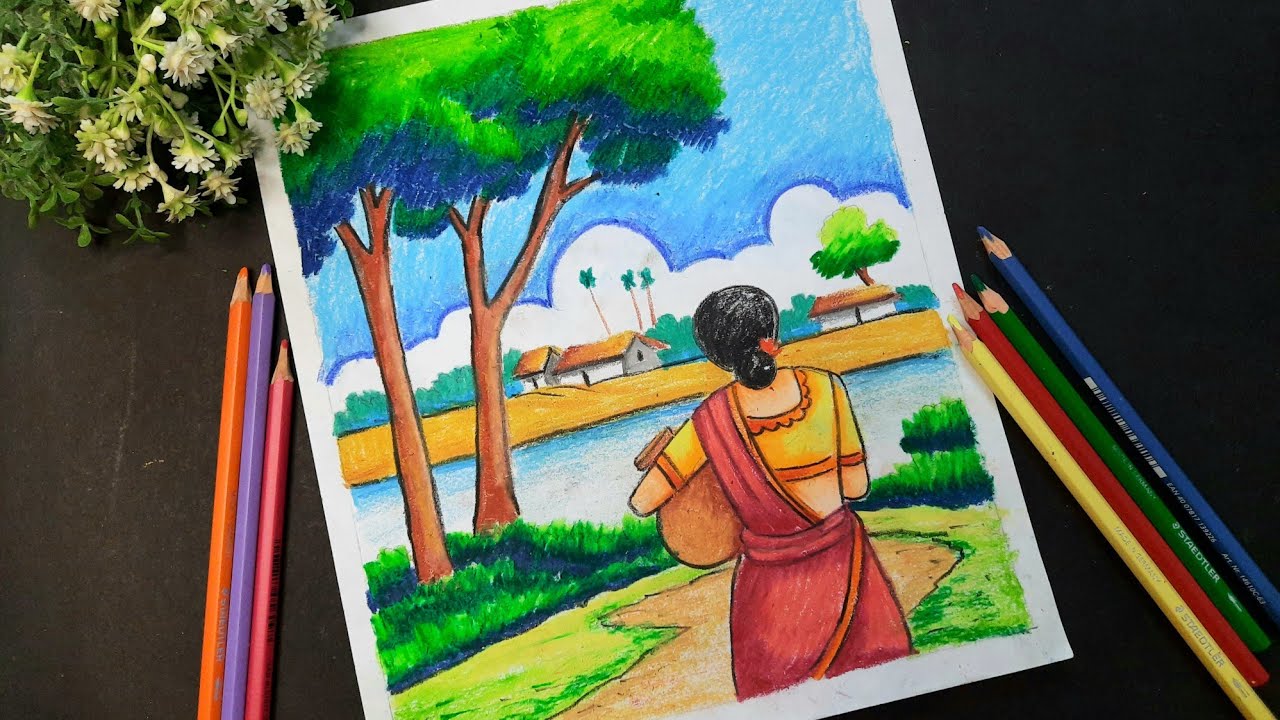 Village Scenery Drawing/ Easy Scenery Drawing/How To Draw Easy Village Scenery Drawing 