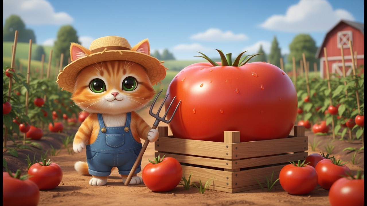 The journey of planting tomatoes by the little cat Zenith on a lush green farm 🍅🐱🌿✨
