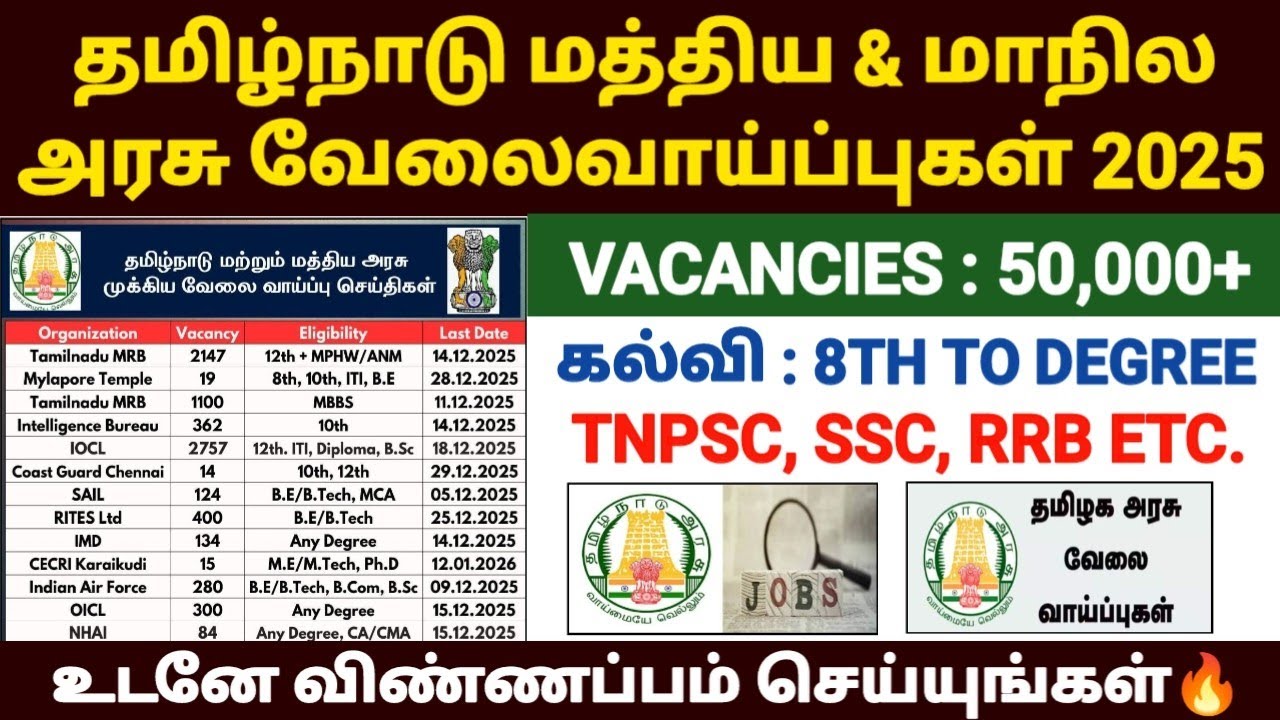 தமிழக வேலைவாய்ப்புகள் | tamilnadu government jobs 2025 in tamil | central government jobs 2025 tamil