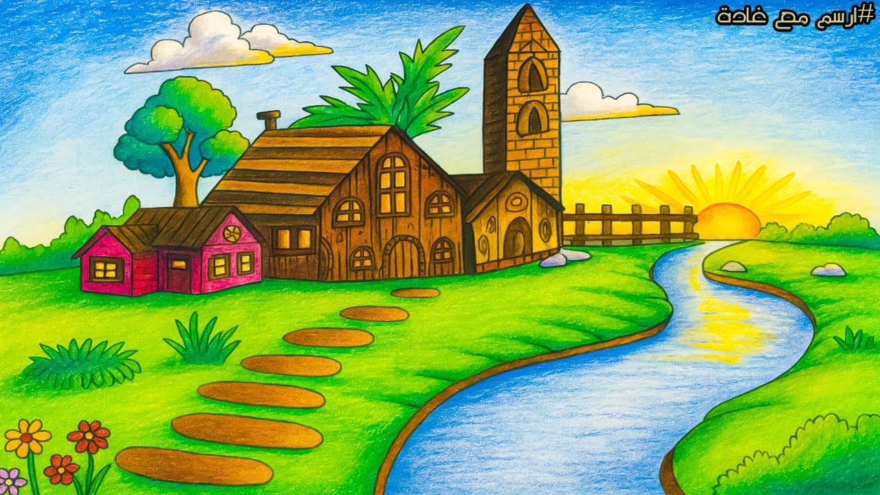 رسم منظر طبيعي سهل وسريع بالألوان الخشبية والاكريليك يصلح للمبتدئين Easy landscape drawing