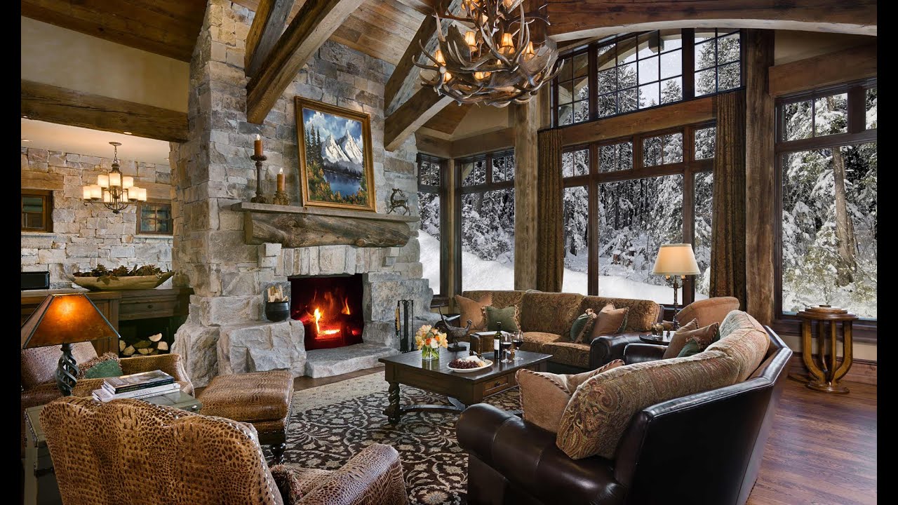 Crackling Fireplace in a Log Home - Cozy Cabin Ambience with Falling Snow