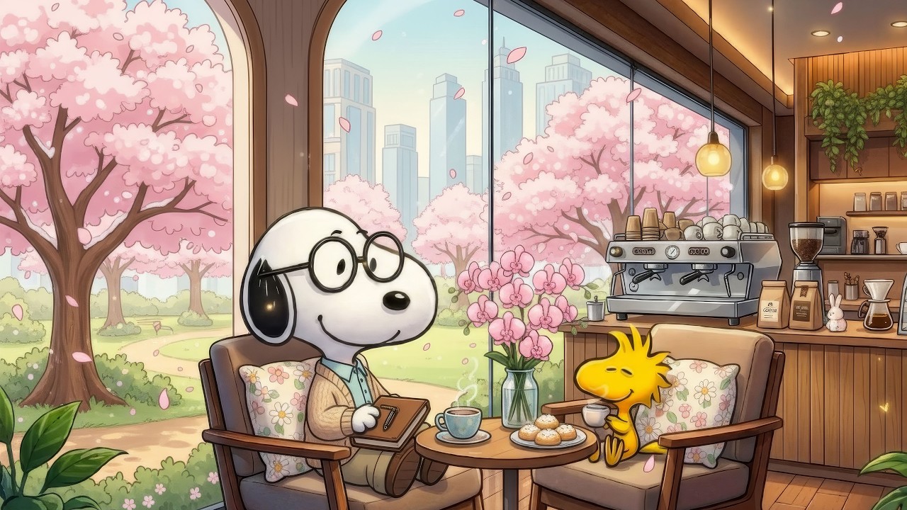 Snoopy Spring Lofi Café ☕ | Cozy Lofi Beat 💞 Soft Lofi Beats for Unwind, Focus & Study