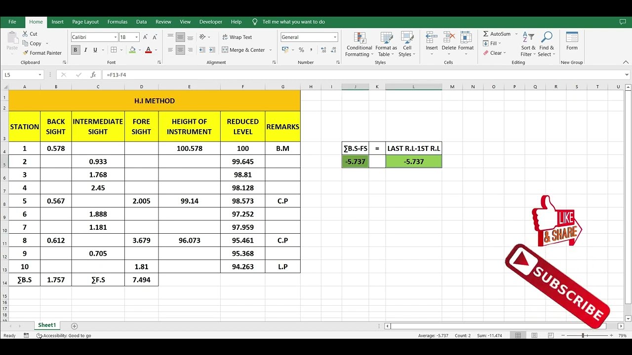 HEIGHT OF INSTRUMENT METHOD (EXCEL) SURVEY